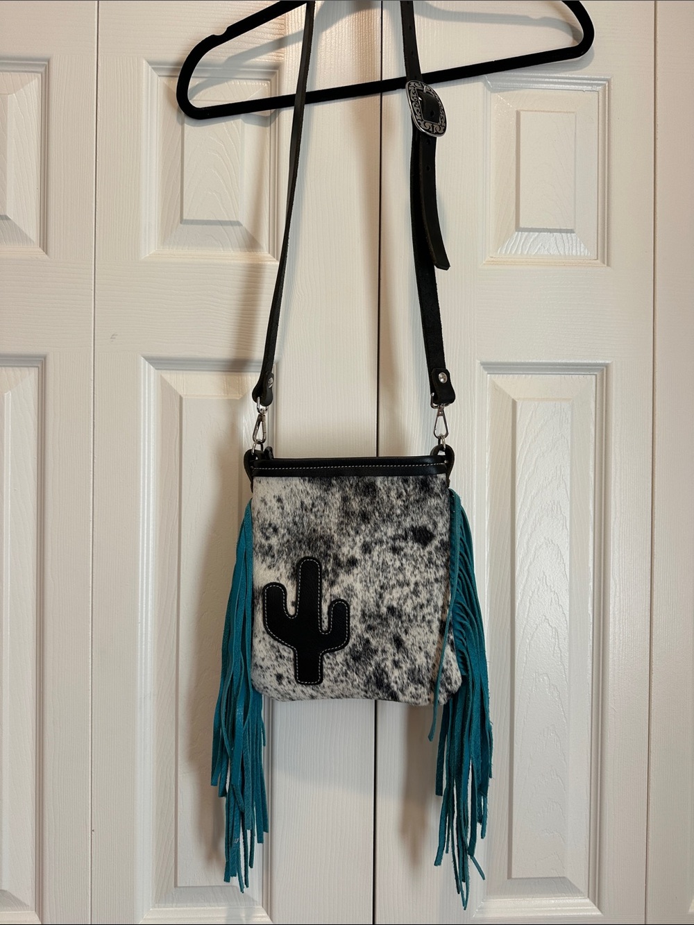 Custom handmade leather Teal Fringe Cowhide Crossbody Bag with Cactus Applique